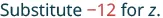 The text reads 'Substitute -12 for z.', with '-12' highlighted in red.