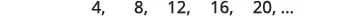A numerical sequence showing multiples of 4: 4, 8, 12, 16, 20, ...