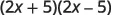 A mathematical expression showing the product of two binomials, (2x + 5)(2x - 5), which is a classic example of the difference of squares factorization.