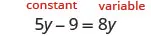 An algebraic equation, 5y - 9 = 8y, is displayed with the terms 'constant' and 'variable' highlighted above, demonstrating basic components of algebra.