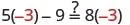 A mathematical equation shows '5(-3) - 9' on the left side, an equals sign with a question mark above it in the middle, and '8(-3)' on the right side. The number -3 is highlighted in red on both sides.