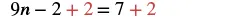 A mathematical equation shows '9n - 2 + 2 = 7 + 2', where the '+ 2' on both sides of the equals sign is highlighted in red, demonstrating the addition property of equality.