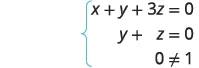 A system of conditions including two linear equations, x+y+3z=0 and y+z=0, and the inequality 0  M 1.
