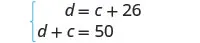 A system of two linear equations is presented, enclosed by a blue curly brace on the left. The first equation is d = c + 26, and the second equation is d + c = 50, both displayed against a white background.