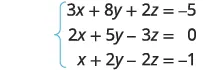 A system of three linear equations with variables x, y, and z. The equations are: 3x + 8y + 2z = -5, 2x + 5y - 3z = 0, and x + 2y - 2z = -1.