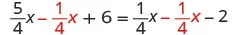 A mathematical equation is displayed: 5/4x - 1/4x + 6 = 1/4x - 1/4x - 2. The terms 1/4x are highlighted in red on both sides of the equation.