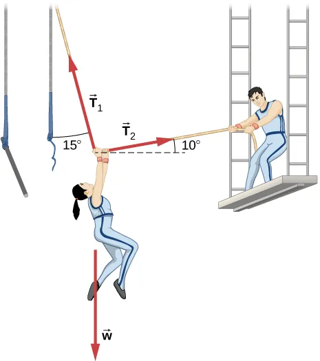 Un artista de circo que cuelga de un trapecio es halado hacia la derecha por otro artista con una cuerda. Su peso se muestra mediante un vector w que actúa verticalmente hacia abajo. La cuerda del trapecio ejerce una tensión, T sub uno, hacia arriba y hacia la izquierda, en un ángulo de quince grados con la vertical. El segundo artista hala con tensión T sub dos, en un ángulo de diez grados sobre la dirección de la x positiva.